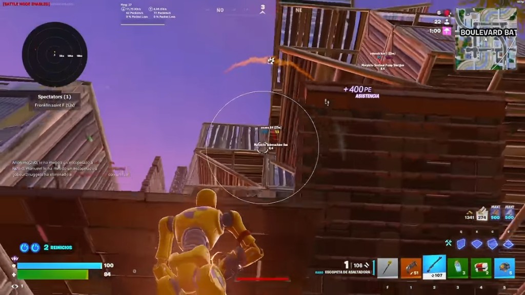Fortnite aimbot FOV circle with radar hack and battle mode overlay on PC