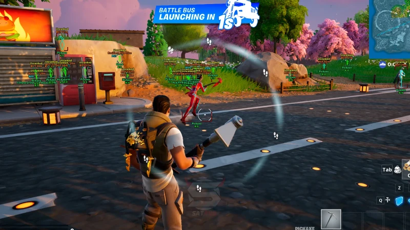 Fortnite box ESP, skeleton overlays and 360 radar ring in pre-match lobby on PC