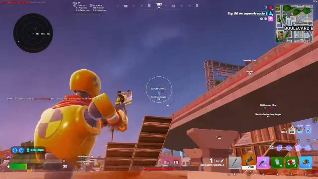 Fortnite player ESP name, distance and weapon labels with aimbot FOV circle