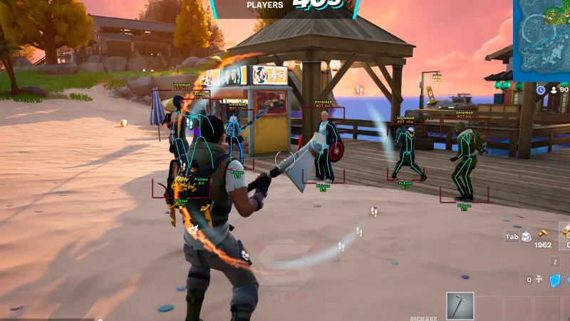 Fortnite skeleton ESP and distance labels on beach zone with multiple enemies